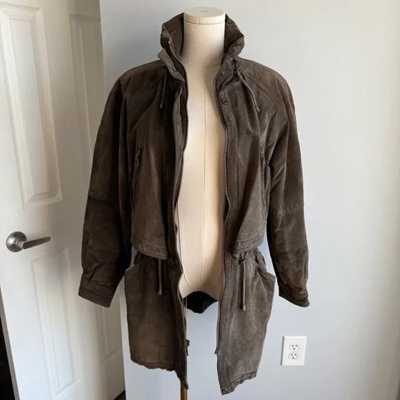 Vintage 80s Brown Suede Utility Coat Womens S Leather Longline Safari Distressed - Picture 3 of 16